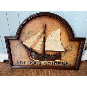 Vintage Sailboat Framed Map Wooden Mast Cloth Sails Nautical Wall Art 24"x18"